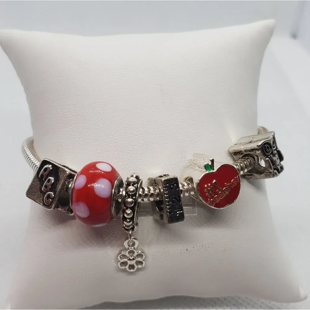 Silver Tone & Red Teacher European Charm Bracelet